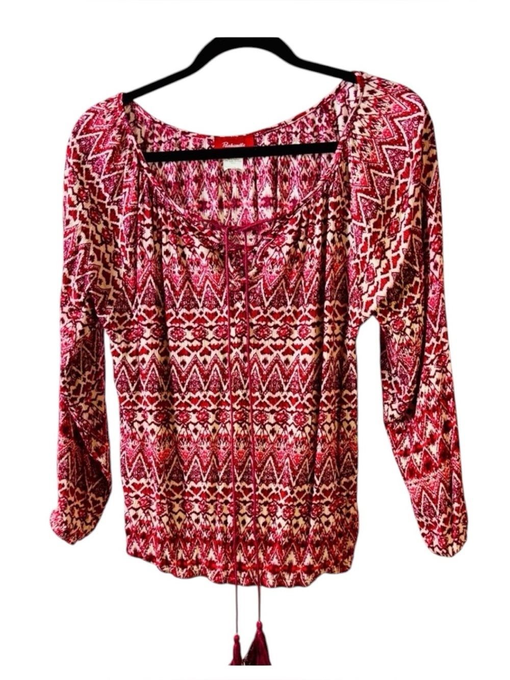 Panhandle Maroon & Cream Bohemian‎ Hippie Peasant Blouse 3/4 Sleeves size S